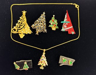 SH/ Bag 7pcs - Holiday Costume Christmas Tree Jewelry - Pins, Pierced Earrings, 20' Necklace
