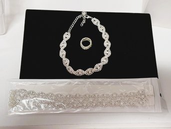 SH/ Bag 3pcs - Silver Tone Sparkly Rhinestone 16' Chokers And Stretch Ring