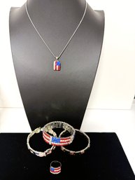 SH/ Bag 5pcs- Patriotic USA Flag Jewelry - Set Of Flag Rhinestone: Necklace Ring Bracelet And 2 More Bracelets
