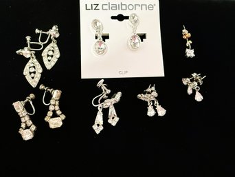 SH/ Bag - 6 Pair Silver Tone Rhinestone Earrings - 4 Clip/Screw On, 2 Pierced Dangle, 1 Single