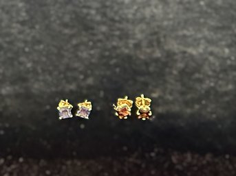 SH/ Bag 2 Pair - 14K Gold: Amber And Blue Stone Pierced Stud Earrings - 1.08g