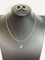 SH/ Bag 3pcs - Sterling Silver - S Initial Necklace, Marcasite Clip On Earrings, Box Chain - 2.33g