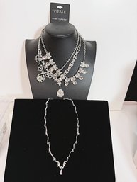 SH/ Bag 4pcs - Silver Tone Sparkly Rhinestone Necklaces - 14' And 16'