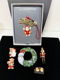 SH/ Bag 6pcs - Holiday Costume Lapel Pins, Pierced Earrings, Ornaments - Santa, Bears, Nutcracker - Avon Etc