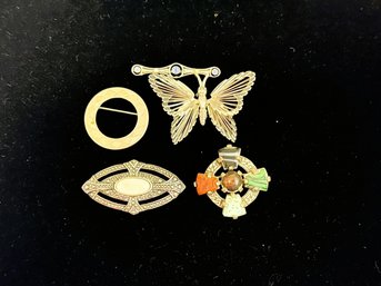 SH/ Bag 5pcs - Silver Tone Pins: Pretty Marcasite & Mother Of Pearl (?), Blue Rhinestone, Stones Etc