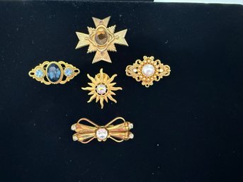 SH/ Bag 5pcs - Pretty Gold Tone Pins - Various Colored Stones, Faux Pearl, Rhinestone Etc - 2' Cross Avon