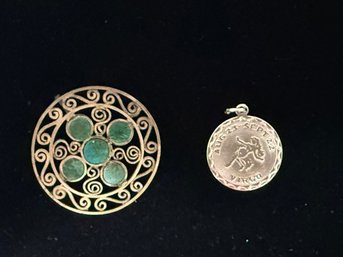 SH/ Bag 2pcs - Sterling 925 Round Pendants - Virgo And Filagree W Green Stones, 7.90g