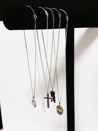 SH/ Bag 5pcs - Silver Tone Necklaces W Pendants 14' - 18': Cross, Rhinestones, Locket, Stone Man, Star