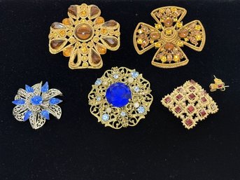SH/ Bag 7pcs - Large Brooch Pins W Rhinestones - Blue, Amber And Red Square W Matching Pierced Stud Earrings