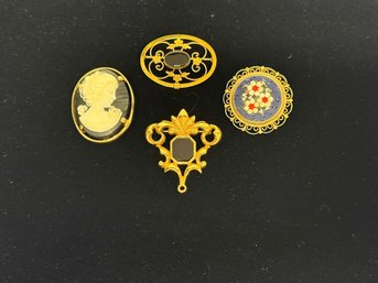 SH/ Bag 4pcs - Gold Tone Fancy Pins - Flower Cloisonne, Napier Faux Cameo, Avon Etc
