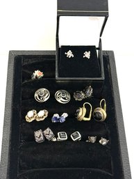 SH/ Bag 9pair Plus 1 - Sterling Silver Pierced Earrings: Onyx, Garnet, Sapphire, Scottish Lion Etc, 24.70g