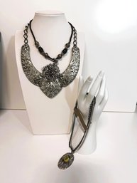 SH/ Bag 3pcs - Chunky Necklaces - Silver Tone With Large Pendants, 1 New With Tag, 20', Avon