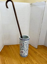 1LR/ 2pcs - Lovely Vintage Chinese Porcelain Umbrella Stand - Pink, Blue And White With Wood Cane