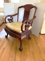 1LR/ Intricately Carved Chinoiserie Rosewood Armchair, Custom Seat Cushion, Ball And Claw Feet