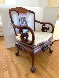 1LR/ Intricately Carved Chinoiserie Rosewood Armchair, Custom Seat Cushion, Ball And Claw Feet