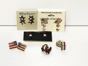 SH/ Bag All - Patriotic USA Silver And Gold Tone Pierced Stud Earrings - Stars, Flags, Rhinestones