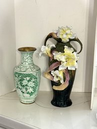 1DR/ 2pcs - Vintage Floral Porcelain Handled Vase No.D# 9129 25 And Asian Style Green Enamel Over Brass Urn