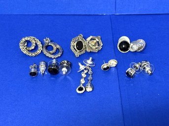 SH/ Bag 8pair - Silver Tone And Black Pierced Stud And 1 Drop Earrings - Avon, Liz Claiborne Etc