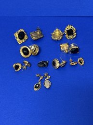 SH/ Bag 9pair - Gold Tone And Black Stones Pierced Stud And One Drop Earrings