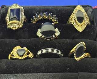 SH/ Bag 7pcs - Womens Gold & Silver Tone Rings In Box - Black Stones, Cubic Zirconia, Round, Oval Etc Sz 5-7
