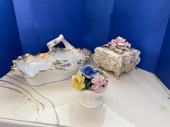 1DR/ 3pcs - Carl Tielsch Floral Porcelain Handled Tray, Capodimonte Flowers, Capodimonte Box Signed Corley