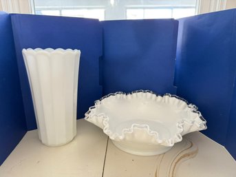 1DR/ 2pcs - Milk Glass - Vase And Fenton Ruffled Edge Serving Bowl