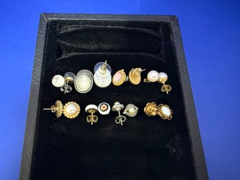 SH/ Bag 8pair - Silver And Gold Tone Pierced Stud Earrings: Moonstone, Opalite, Faux Pearl Etc