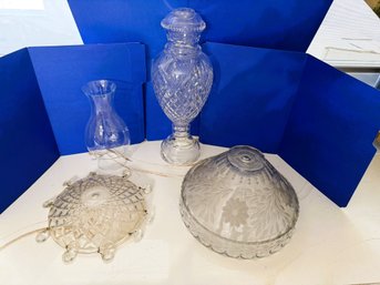 1DR/ 4pcs - Glass Lamp Shades, Chimney, Base - Some Vintage, Etched, W Crystals, Base Is Style Of Waterford?