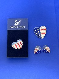 SH/ Bag 4 Pcs - Patriotic USA Rhinestone Pin & Stud Earring Set, Pretty NWT Swarovski Heart Pin