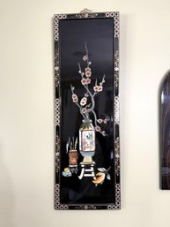 1DR/ Asian Black Lacquer Wall Panel With Raised Carved Painted Stone Scene