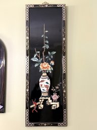 1DR/ Asian Black Lacquer Wall Panel With Raised Carved Painted Stone Scene
