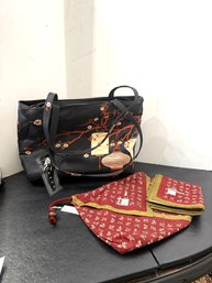1LR/ Bag 3pcs- Purses New W Tags: Black W Lanterns 'ZazouSac', Zip Japanese Cloth Drawstring W Matching Hankie