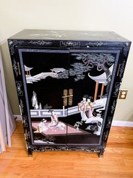1DR/ Black Lacquer Asian Chinoiserie 2 Door Cabinet With Carved And Painted Design, Brass Hardware