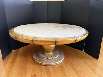 1LR/ Magnificent Gold Tone With Round Marble Top Pedestal Cocktail Table - A Statement Piece!