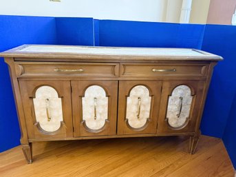 1LR/ Incredible MCM 2 Drawer, 2 Door Wood W Mother Of Pearl Inlay Credenza, Brass Drawer Pulls