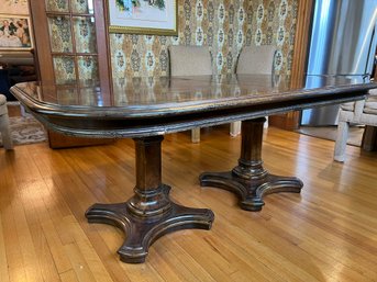 DR/ Stately Double Pedestal Parquet Style Wood Dining Table With Pads