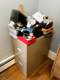 2B3/ 2 Drawer Metal File Cabinet With Key And Assorted Office Supples