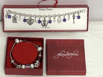 SH/ Bag 2pcs - Womens Charm Bracelets - Glam & Glow Red White & Blue, Vintage Silver Tone W Purple Stones