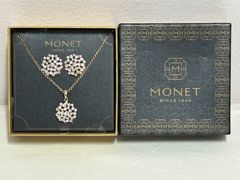 SH/ Bag - Womens 3 Piece Gold Tone Monet Necklace & Pierced Stud Earrings W Cubic Zirconias - New In Box