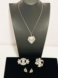 SH/ Bag 4pcs - Womens Silver Tone And Rhinestone 22' Necklace, 2 Rhinestone Brooches, Pair Screw Back Earrings