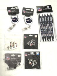 SH/ Bag 7pcs - NFL/NE Patriots New Swag - Pens, Badge Holder, 18' Necklace, Pins And USA Flag Earrings