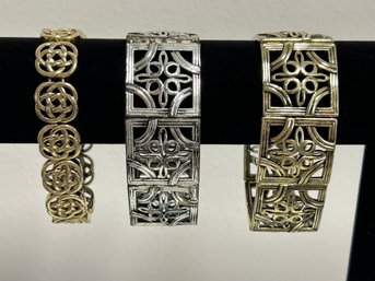 SH/ Bag 3pcs - Silver And Gold Tone Chunky Stretch Cuff Bracelets