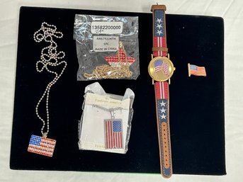 SH/ Bag 5pcs - Patriotic USA Silver & Gold Tone: Flag Pin, 2 Flag & 1 Star Necklaces, Valdawn Watch Etc