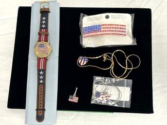 SH/ Bag 5pcs - Patriotic USA Flag - Watch, 20' Heart & 24' Gold Bless America Necklaces, Barrette Etc