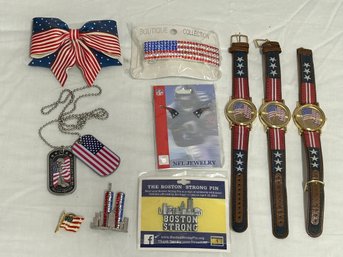 SH/ Box 10pcs - USA Patriotic Jewelry, 3 Watches, 2 Barrettes, Pins, Earrings Etc