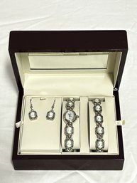 SH/ Box 4pcs - New In Box Silver Tone Elgin Set: Cameo Style Bracelet, Watch & Pierced Drop Earrings