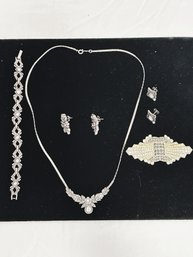 SH/ Bag 5pcs - Pretty Silver Tone Rhinestone - 16' Necklace/Earring Set, 6' Bracelet, 3' Pin, Stud Earrings