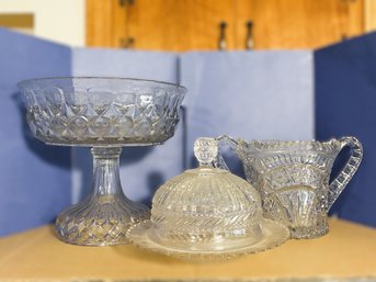 1K/ 3pcs - Pressed Glass Covered Cheese Dish, Cut Glass Double Handle Bowl, Pedestal Compote