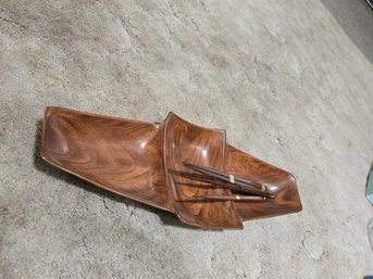USA Ceramic Wood Design Serving Dish With Chopsticks