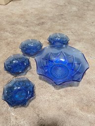 Depression Glass, Vintage Cobalt Blue Glass Serving Bowl Set Is A Hazel Atlas Diamond & Arches Pattern
